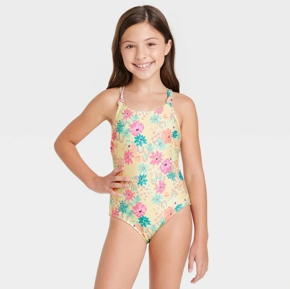 NWT Cat & Jack Girls' Happy Days One Piece Swimsuit S 6/7